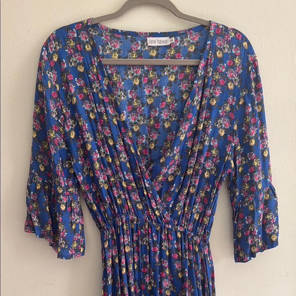 Tiare Hawaii Blue and Yellow Maxi Gown with V-Neck